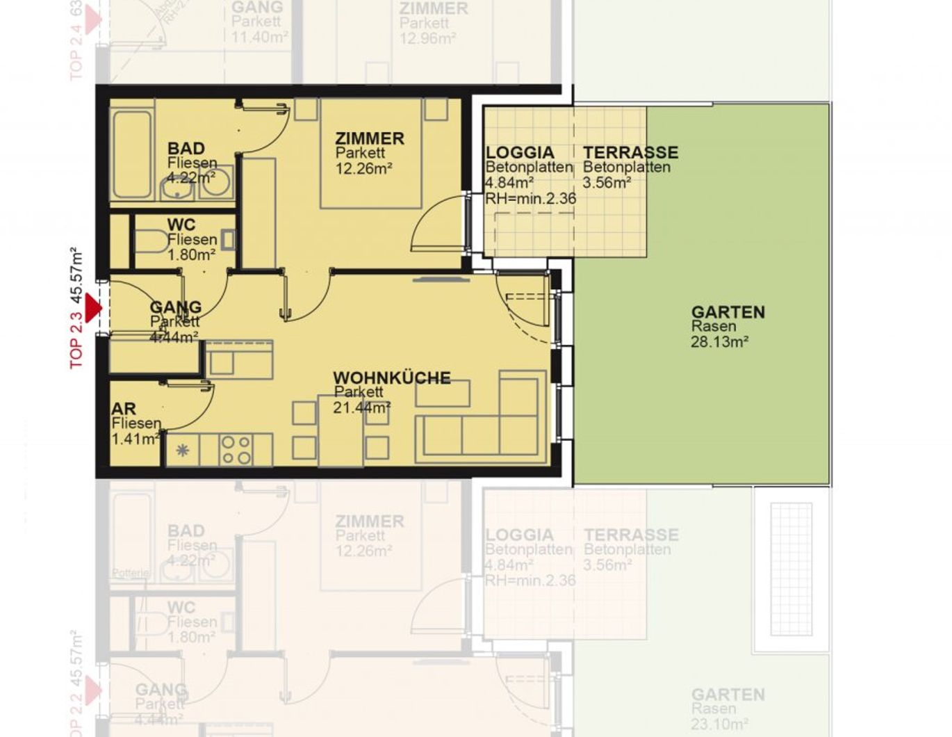 2-Zimmer-Wohnung mit hochwertiger Küche, 37m² Garten, Terrasse und Loggia Außenfläche und Kellerabteil / MAX4 T2-03