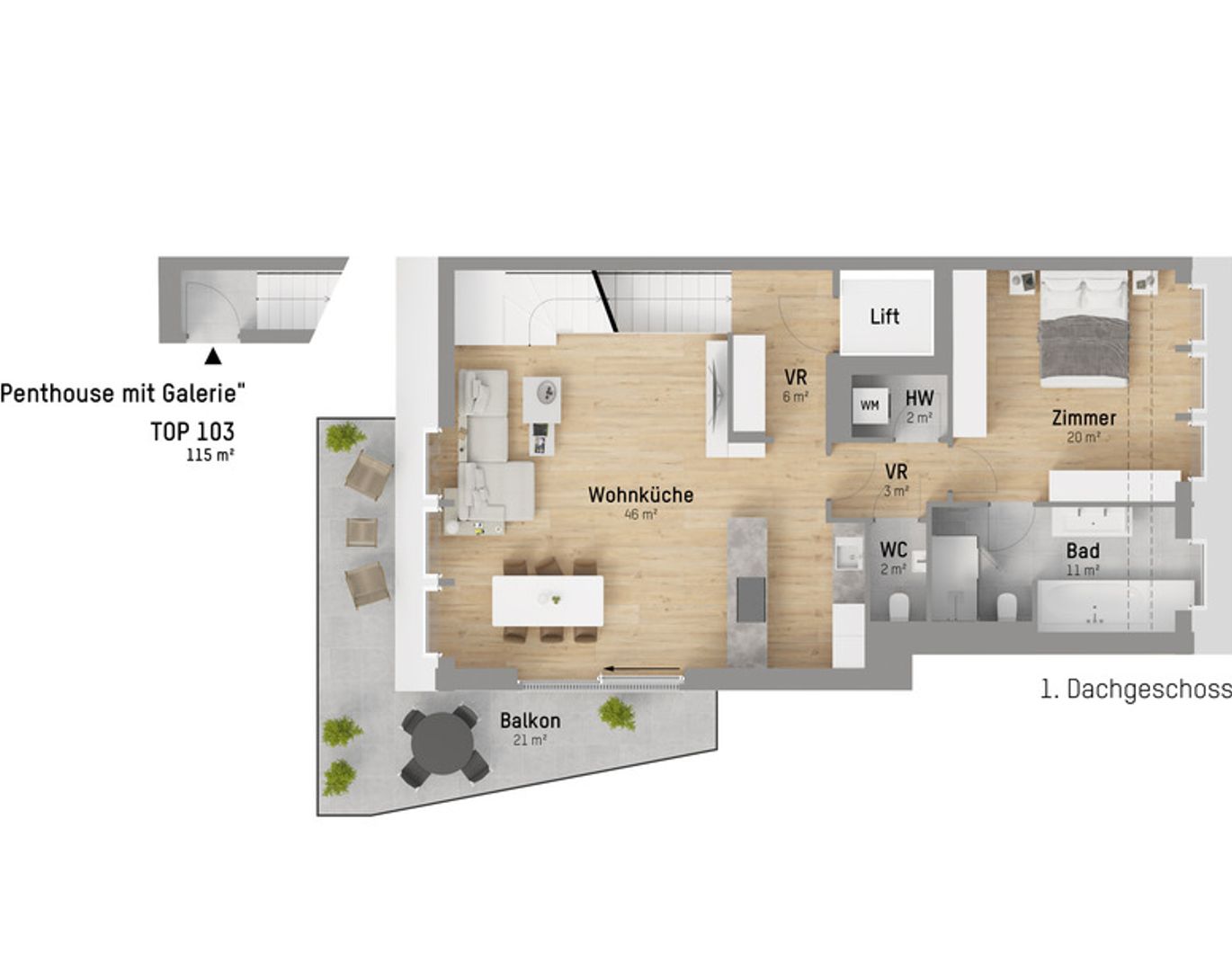 Malerisches 3-Zimmer Penthouse mit Galerie nur 290 m vom Wasser entfernt. Deckenkühlung