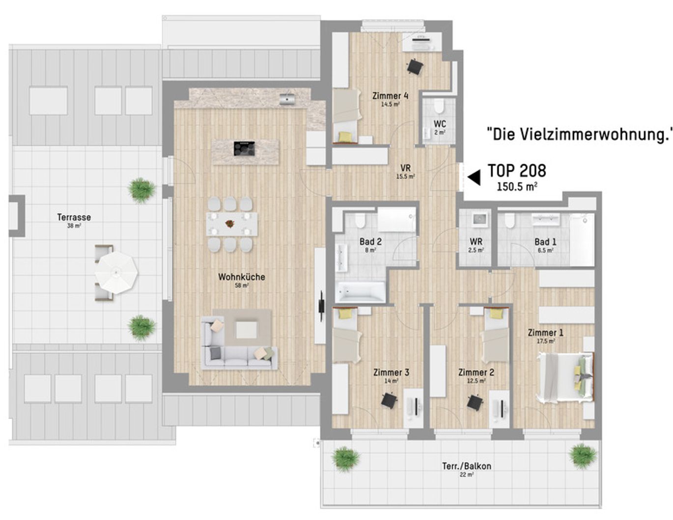 Vielzimmerwohnung für vielseitige Individualisten. 151 m², 5 Zimmer, 2 Terrassen und ganz viel Platz
