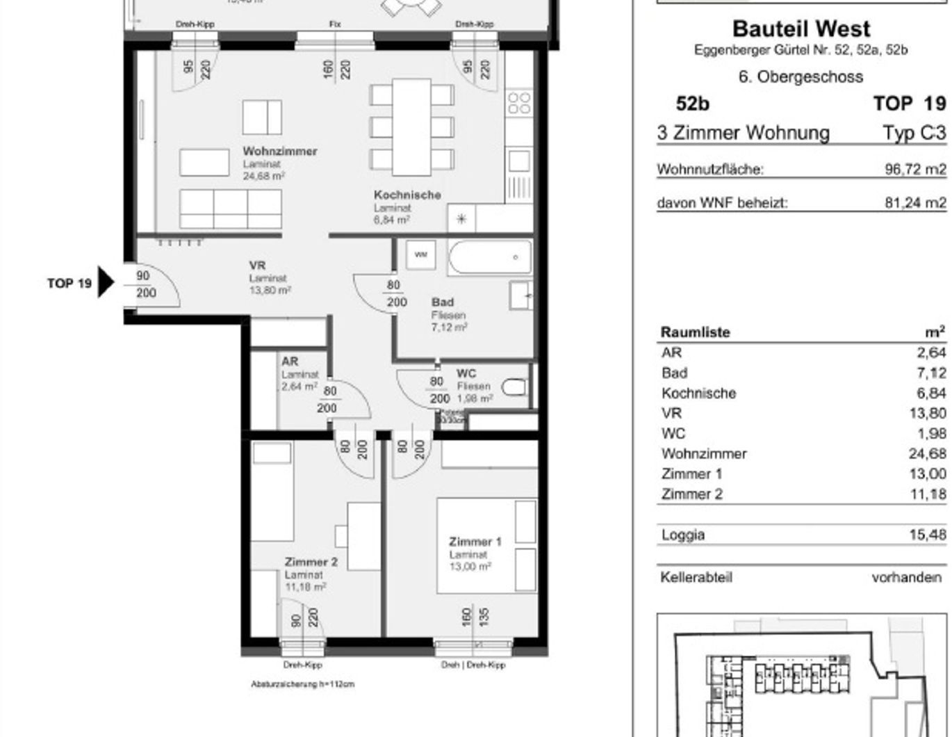 Provisionsfrei Mordene 3 - Zimmerwohnung mit Loggia