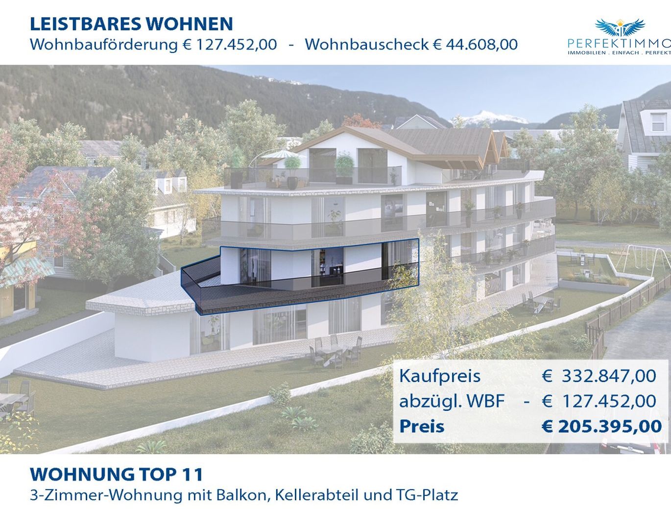 Top 11 mit WBF: Exklusive 3-Zimmer-Neubauwohnung mit über 50 m² großem Panoramabalkon