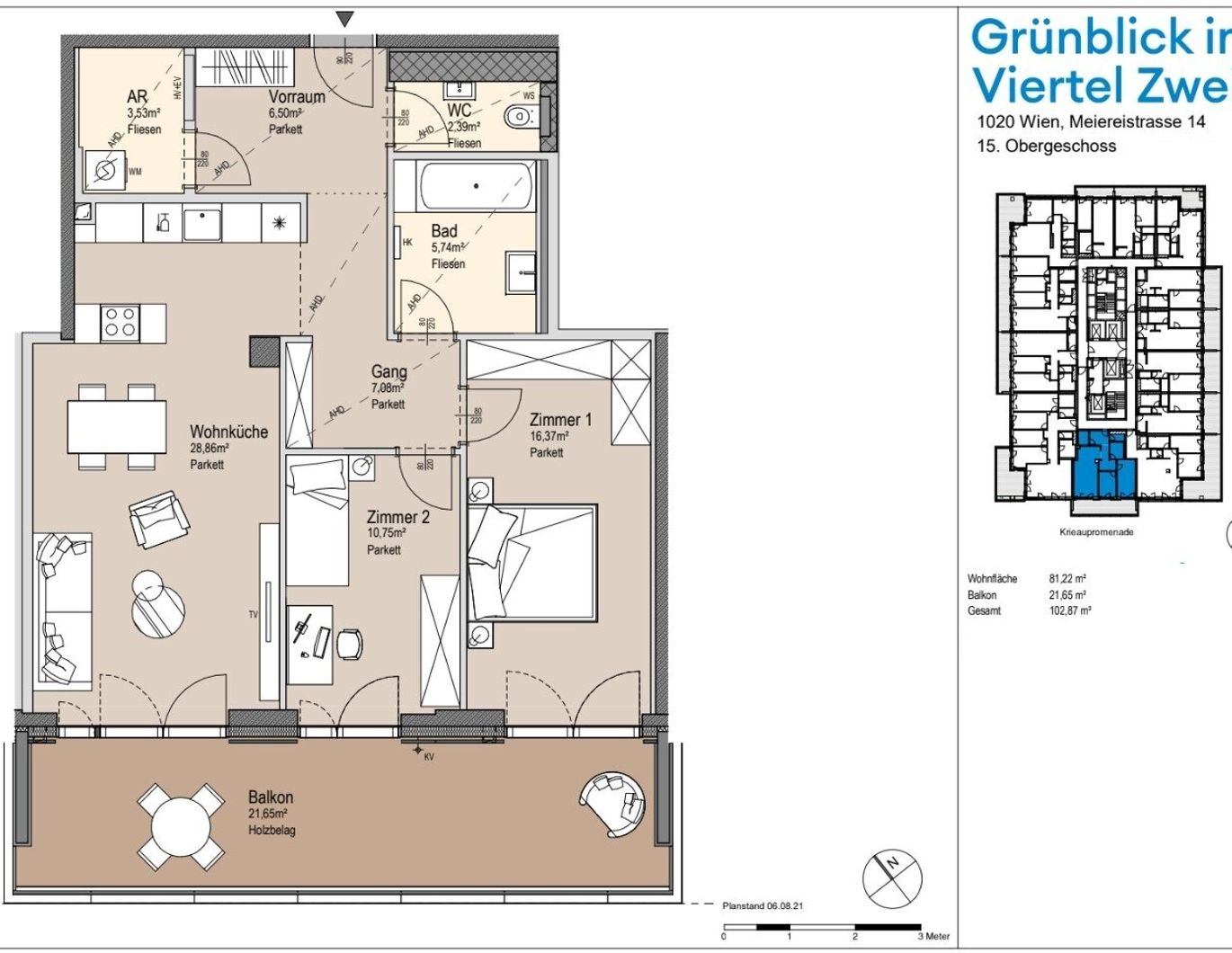 15. OG im Hochhaus Grünblick: 3-Zimmer Süd-Westausrichtung | XL-Parkplatz | privater 21m² Balkon