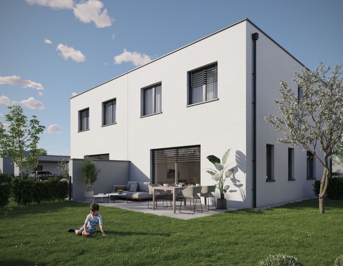 Belagsfertige Doppelhaushälfte inkl. Carport und Parkplatz in Pichling: 5 Zimmer, Terrasse, Eigengarten.