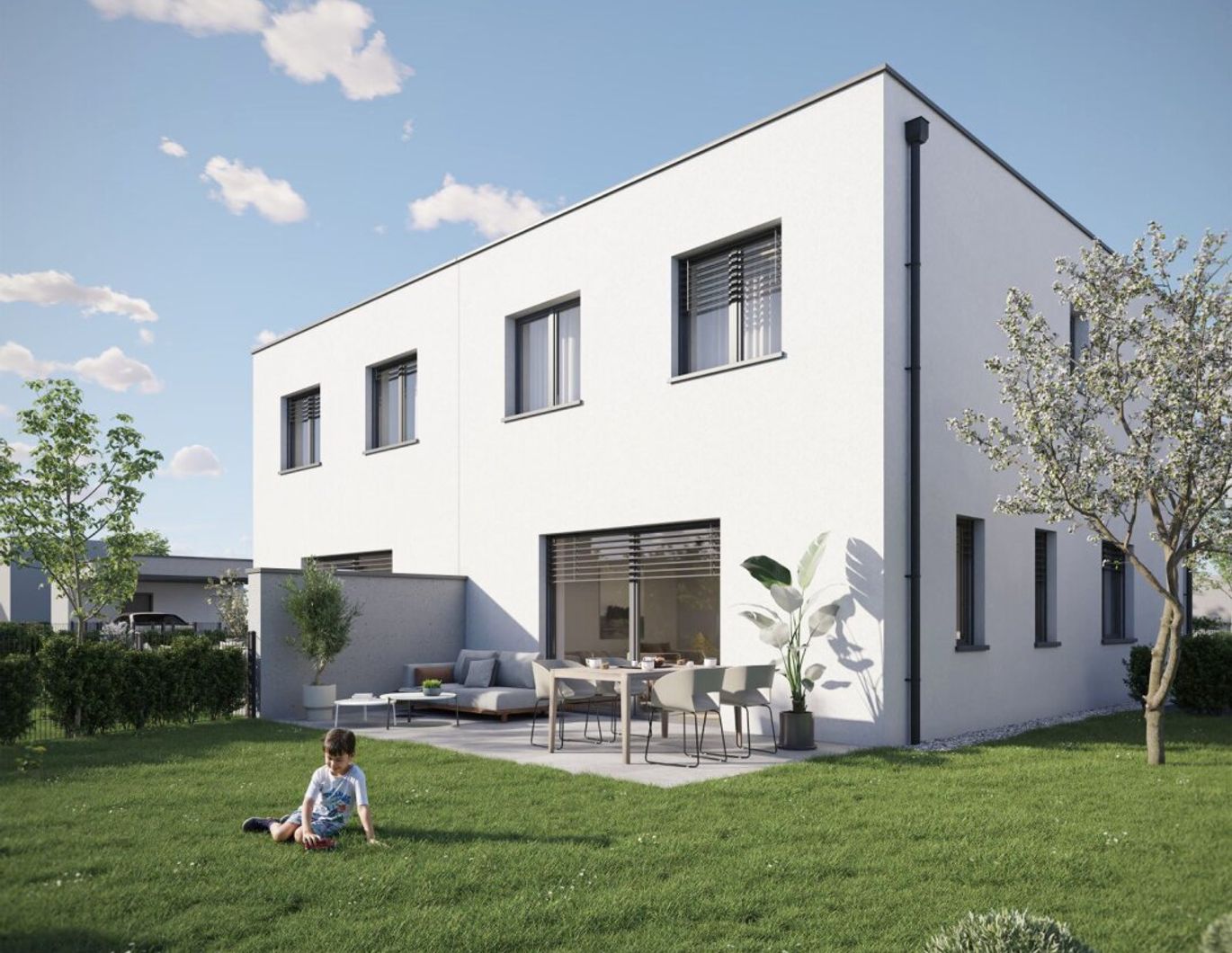 Belagsfertige Doppelhaushälfte inkl. Carport und Parkplatz in Pichling: 5 Zimmer, Terrasse, Eigengarten.