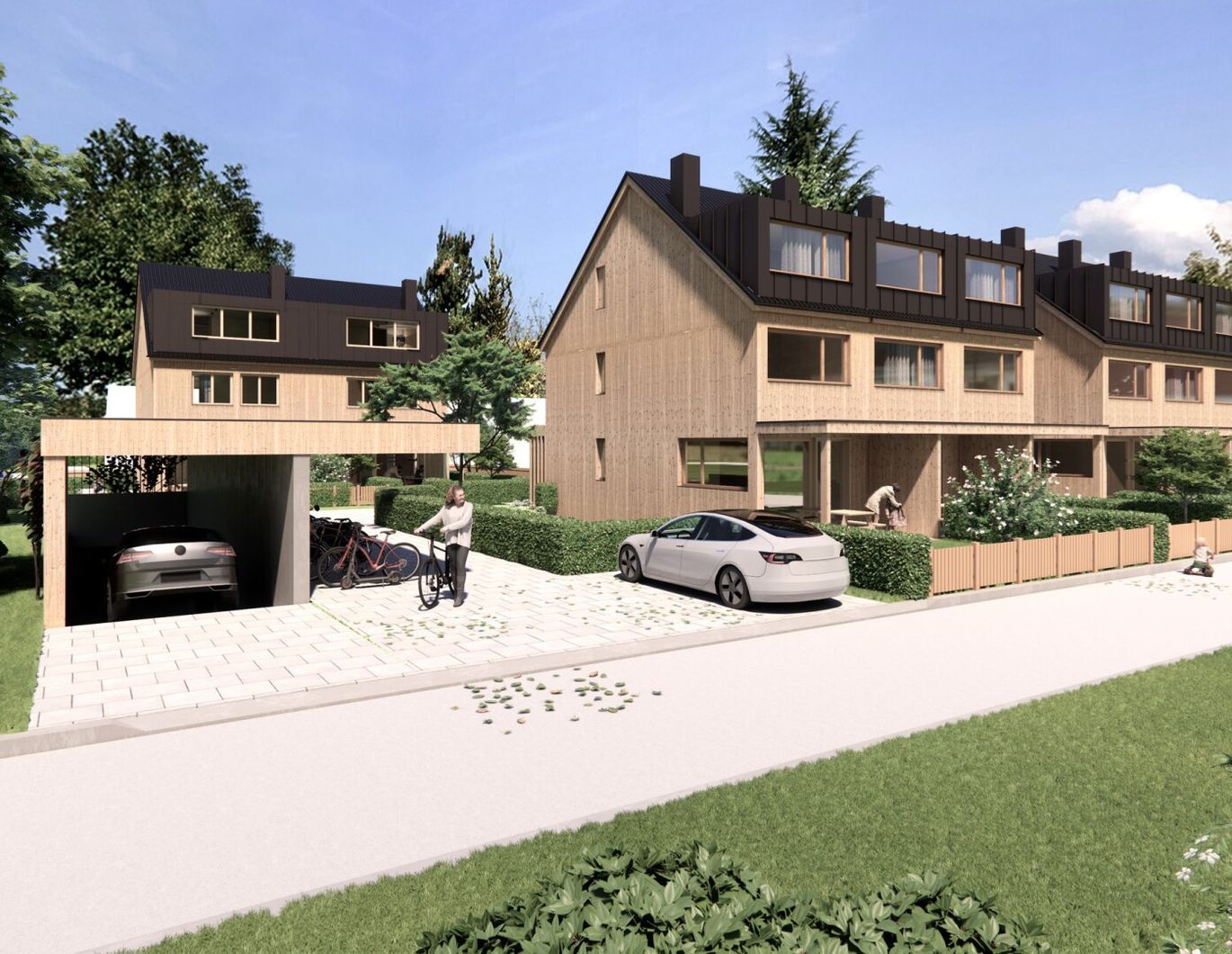 Vollholz Doppelhaus mit großem Garten, 5 Zimmer, Terrasse, Studio und Tiefgarage, Baubeginn erfolgt