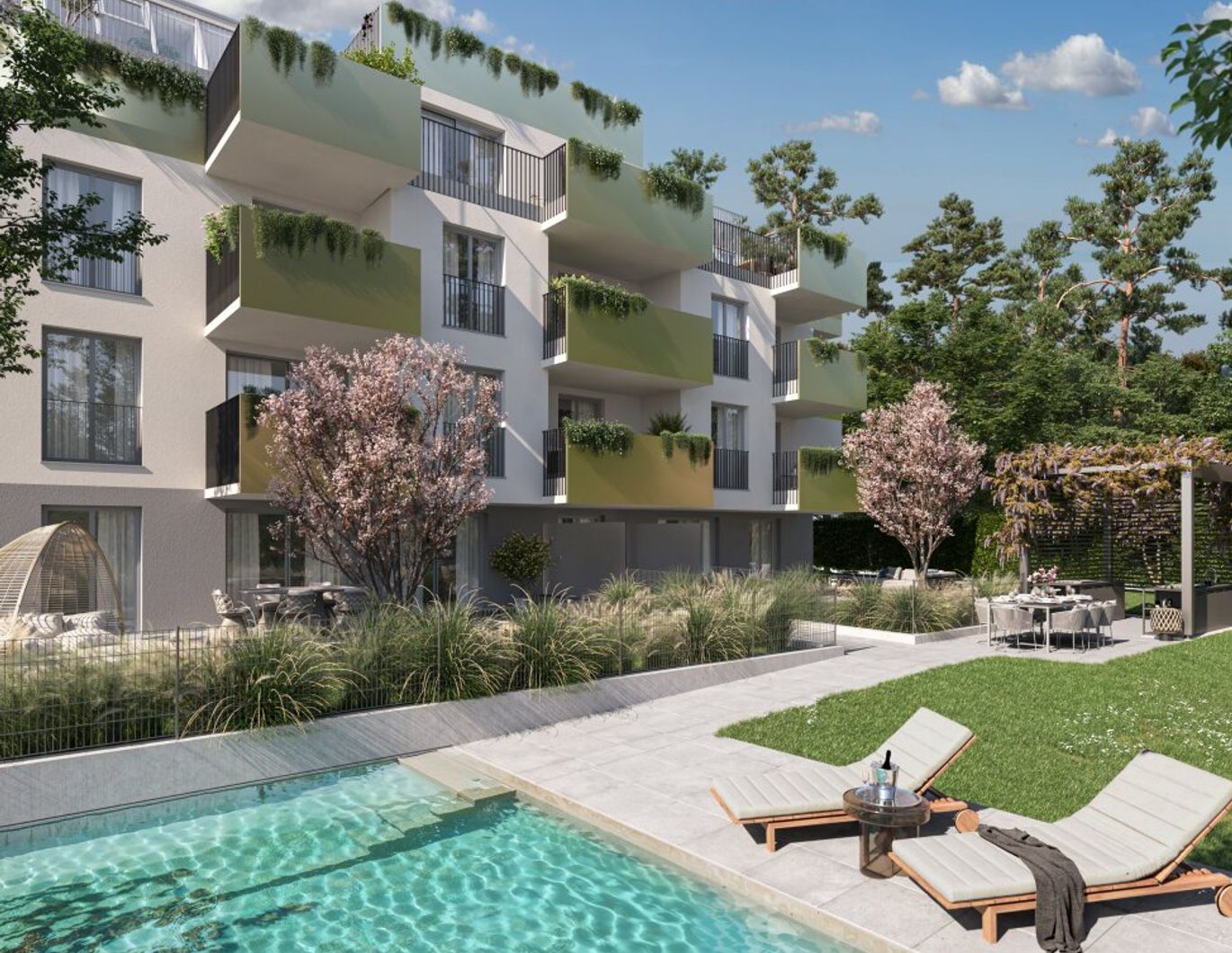 Großflächige Gartenwohnung, 5-Zimmer Erstbezugs-Wohnung mit Garten,Terrasse und 3 Balkone! Pool im Gemeinschaftsgarten!