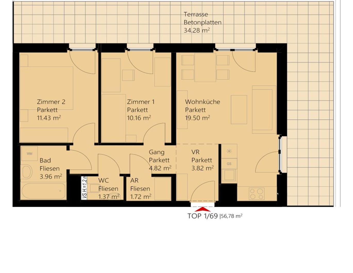 3-Zimmer-Dachterrassenwohnung inkl hochwertiger Markenküche, Außenfläche und Kellerabteil / K3-69