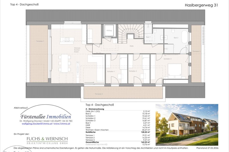 KAUF SALZBURG-STADT: NEUBAU Anfang Moosstraße - HASLBERGERWEG 31: 120 m² 4-Zimmer-Penthouse-Wohnung - mit 3 Terrassen (Süd-/West-/Ost-Terrasse) - Top W 4 - DG