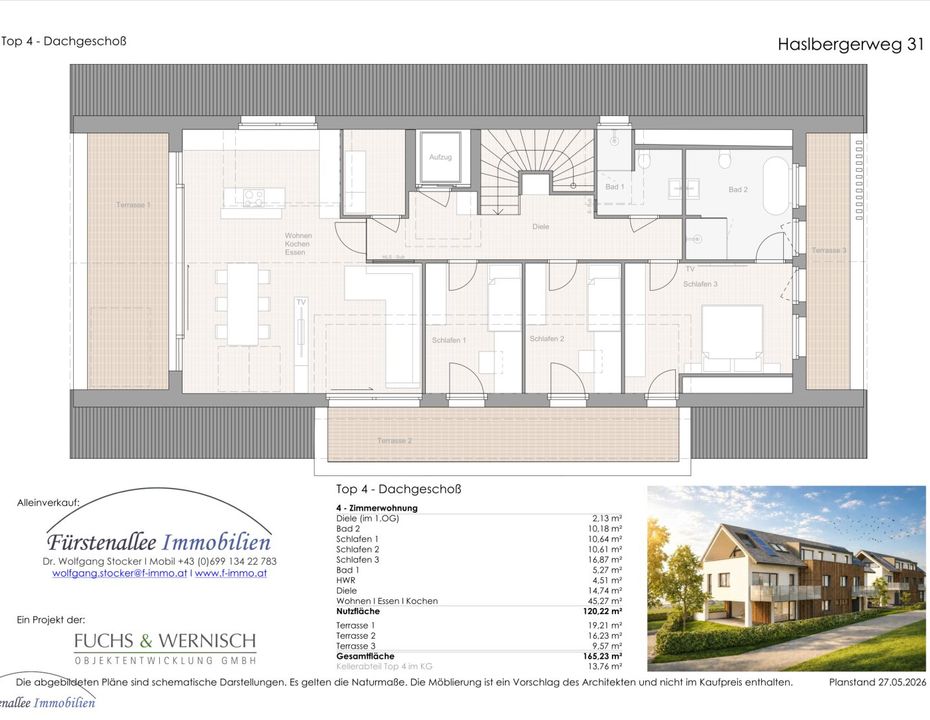 KAUF SALZBURG-STADT: NEUBAU Anfang Moosstraße - HASLBERGERWEG 31: 120 m² 4-Zimmer-Penthouse-Wohnung - mit 3 Terrassen (Süd-/West-/Ost-Terrasse) - Top W 4 - DG