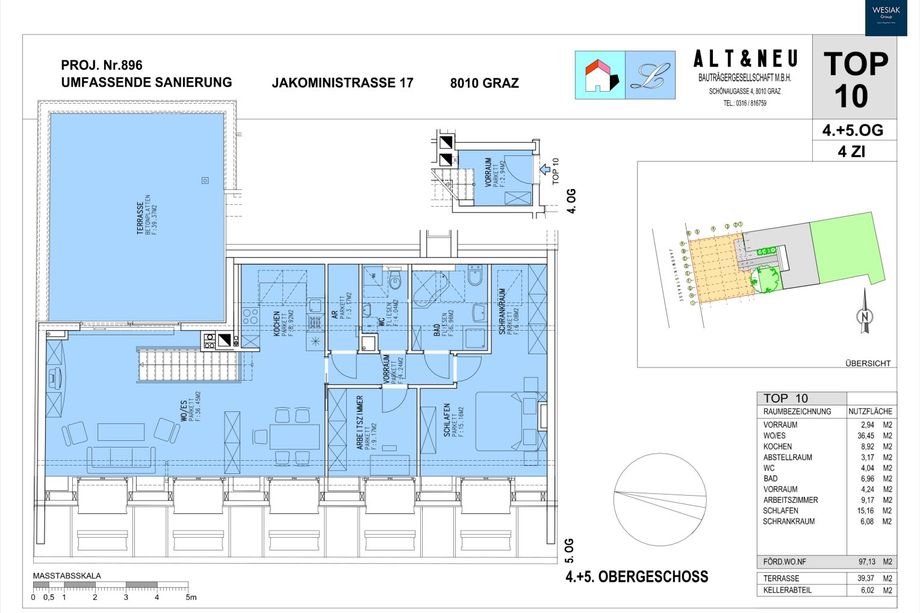 Jakoministraße 17/10 - Teilmöblierte sonnige Maisonette mit einer großzügigen sonnigen Dachterrasse und Carport in zentraler Lage