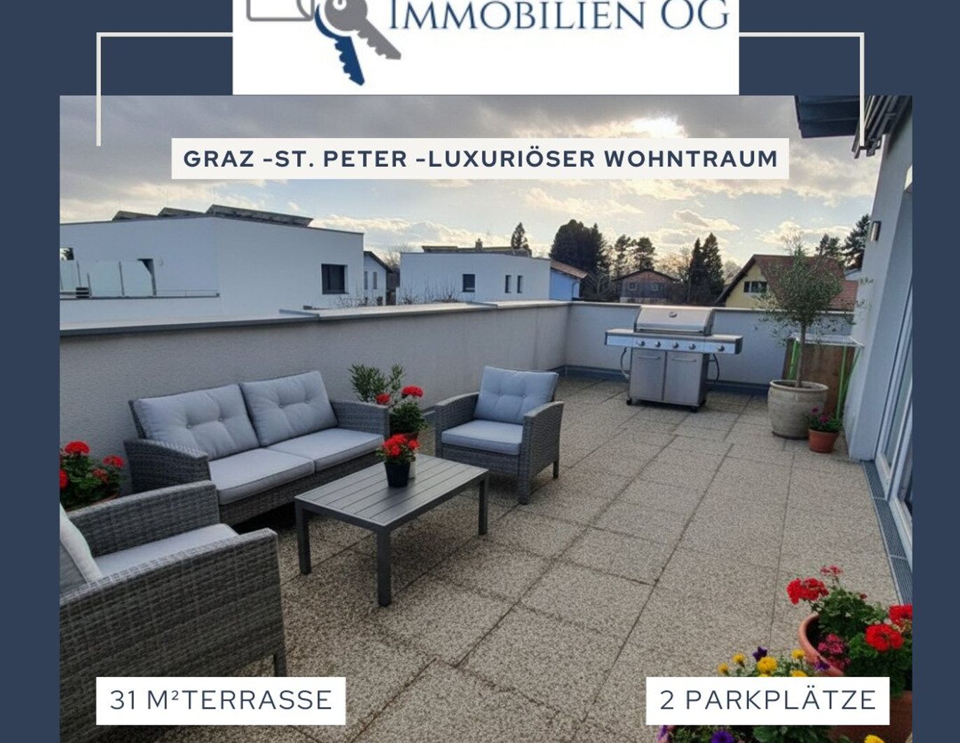 Graz - St. Peter - luxuriöser 3 Zimmer Wohntraum - 31,5m² Terrasse - 2 Parkplätze - Klimaanlage - Provisionsfrei