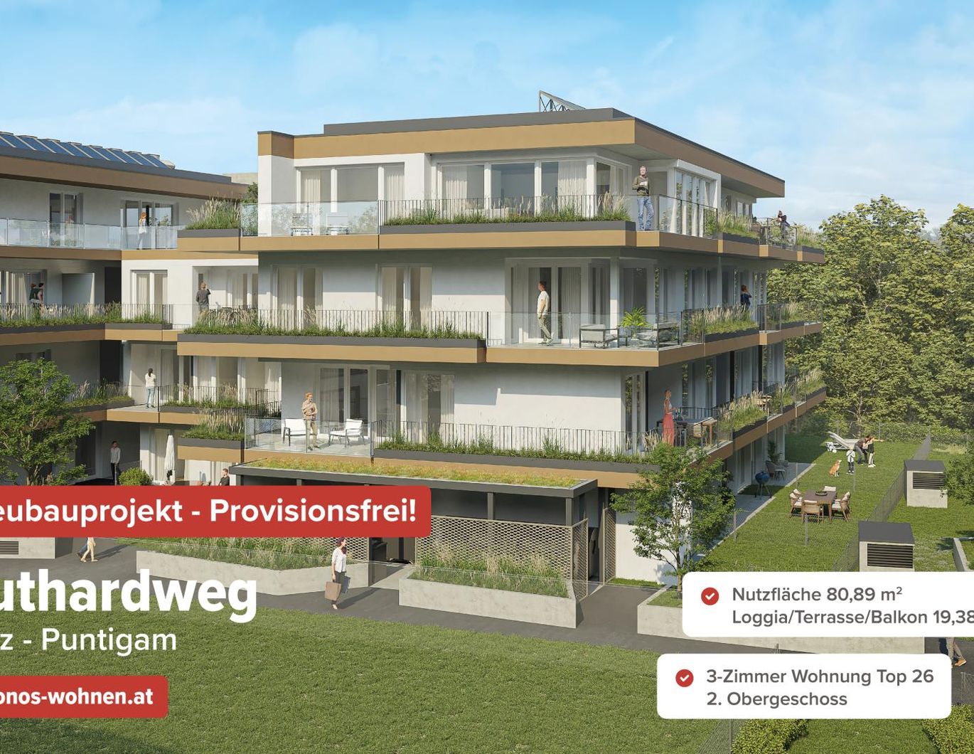Westseitige 80m² Neubau-Wohnung mit großem Balkon! Provisionsfrei für Käufer!